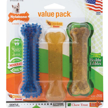 Nylabone Healthy Edibles and Flexi Chew Value Pack Variety, SMall/Regular  Up To 25 Ibs. 3 ct